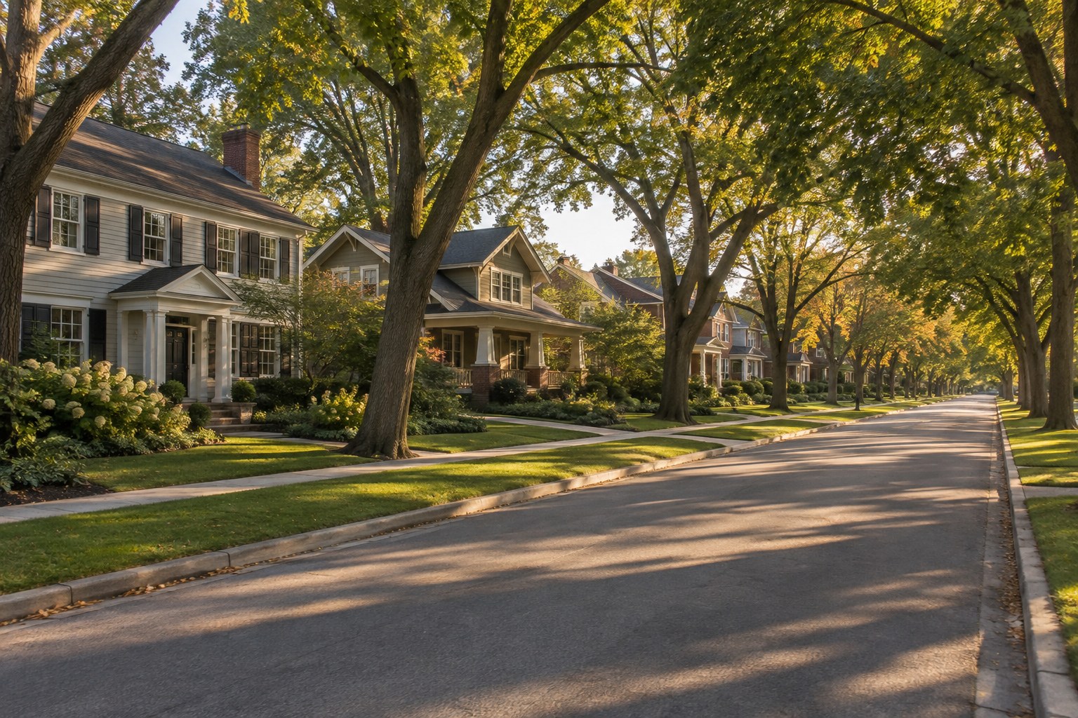 A tree lined Chicago-suburb residential street, illustrative