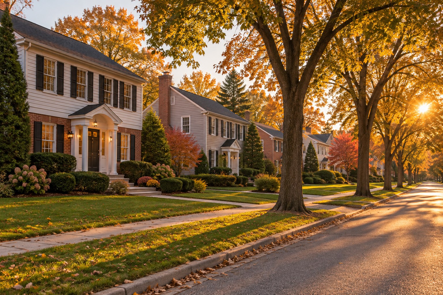 A Chicago-suburb neighborhood street at golden hour, illustrative
