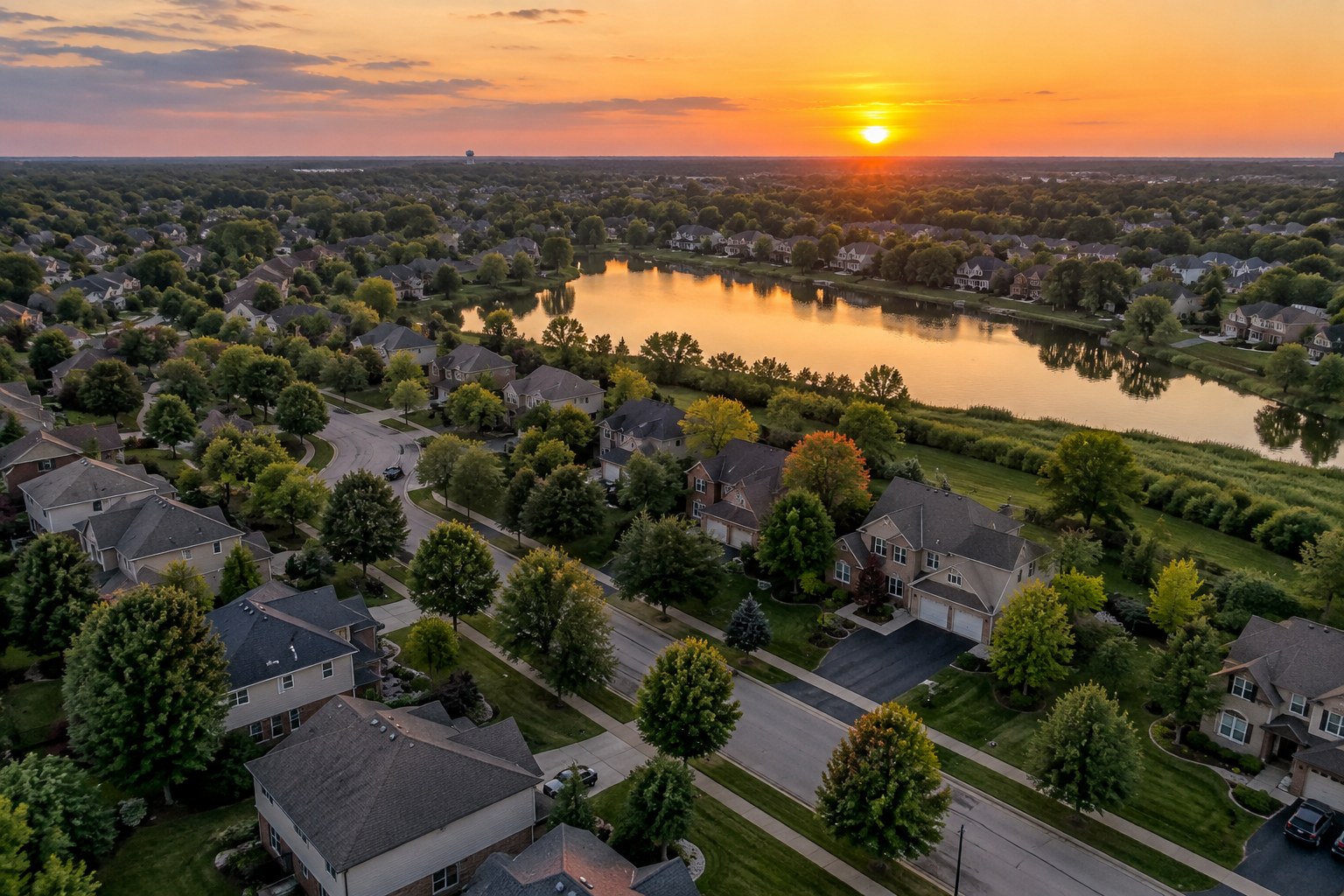 A Chicago-suburb neighborhood pond at sunset, illustrative