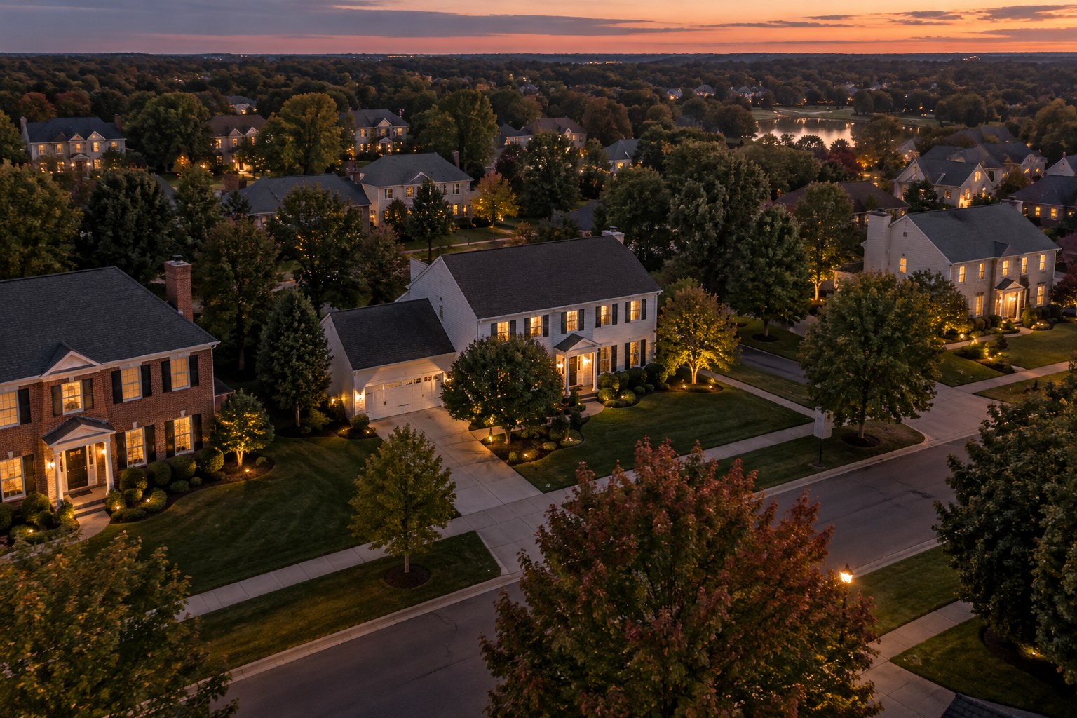 A Chicago-suburb home at dusk, illustrative