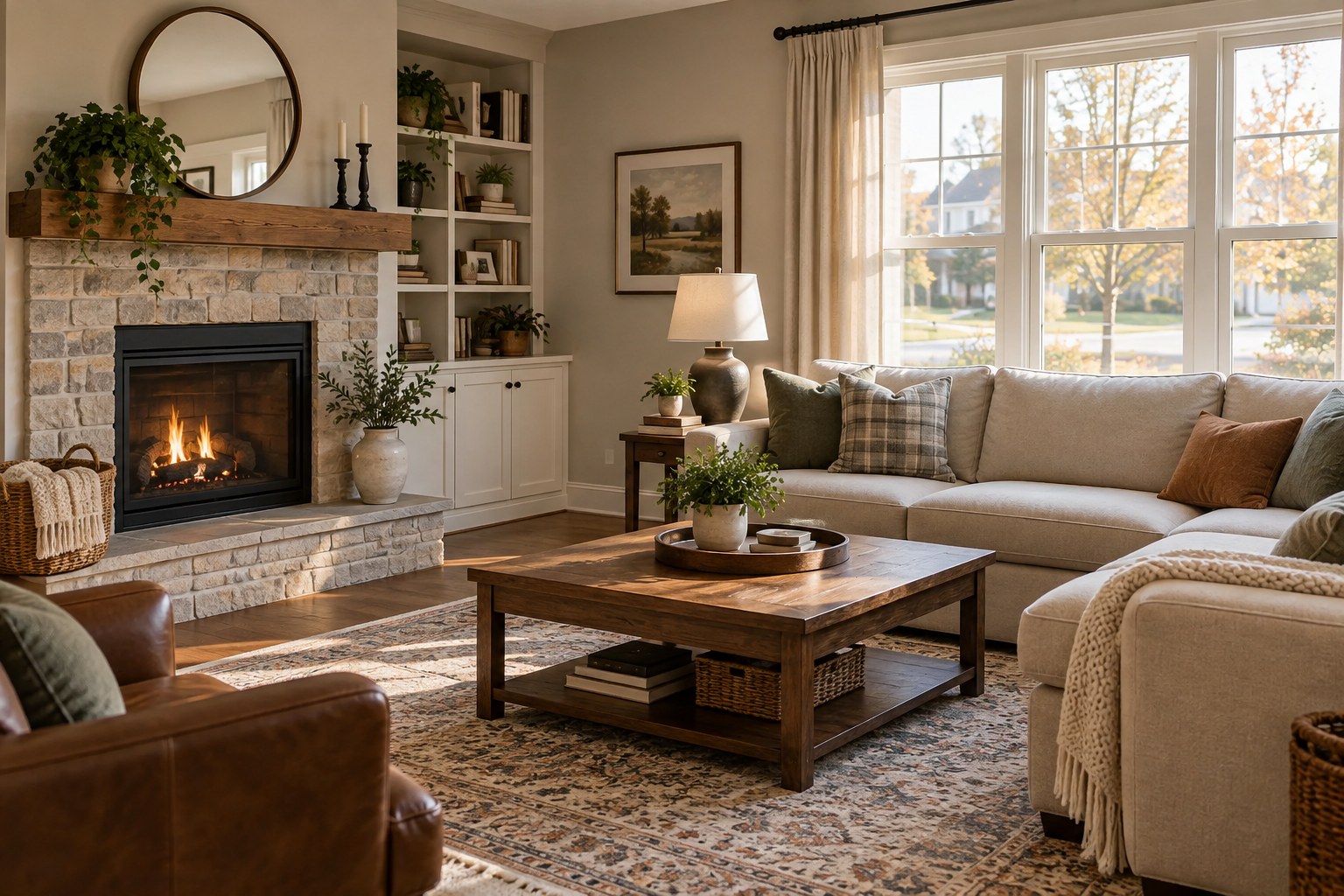 A cozy Chicago-suburb living room, illustrative